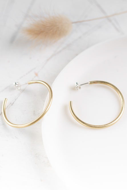 To guldringe-øreringe ligger på en hvid overflade ved siden af en brun plante, der minder om en tørret blomst.