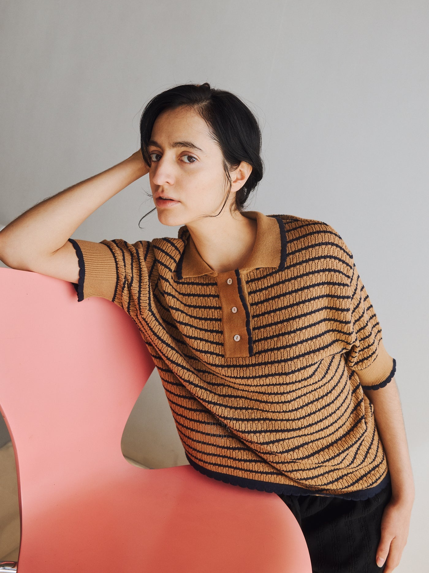 Proem Parades Lullu Knit Stripe Polo | Camel & Navy