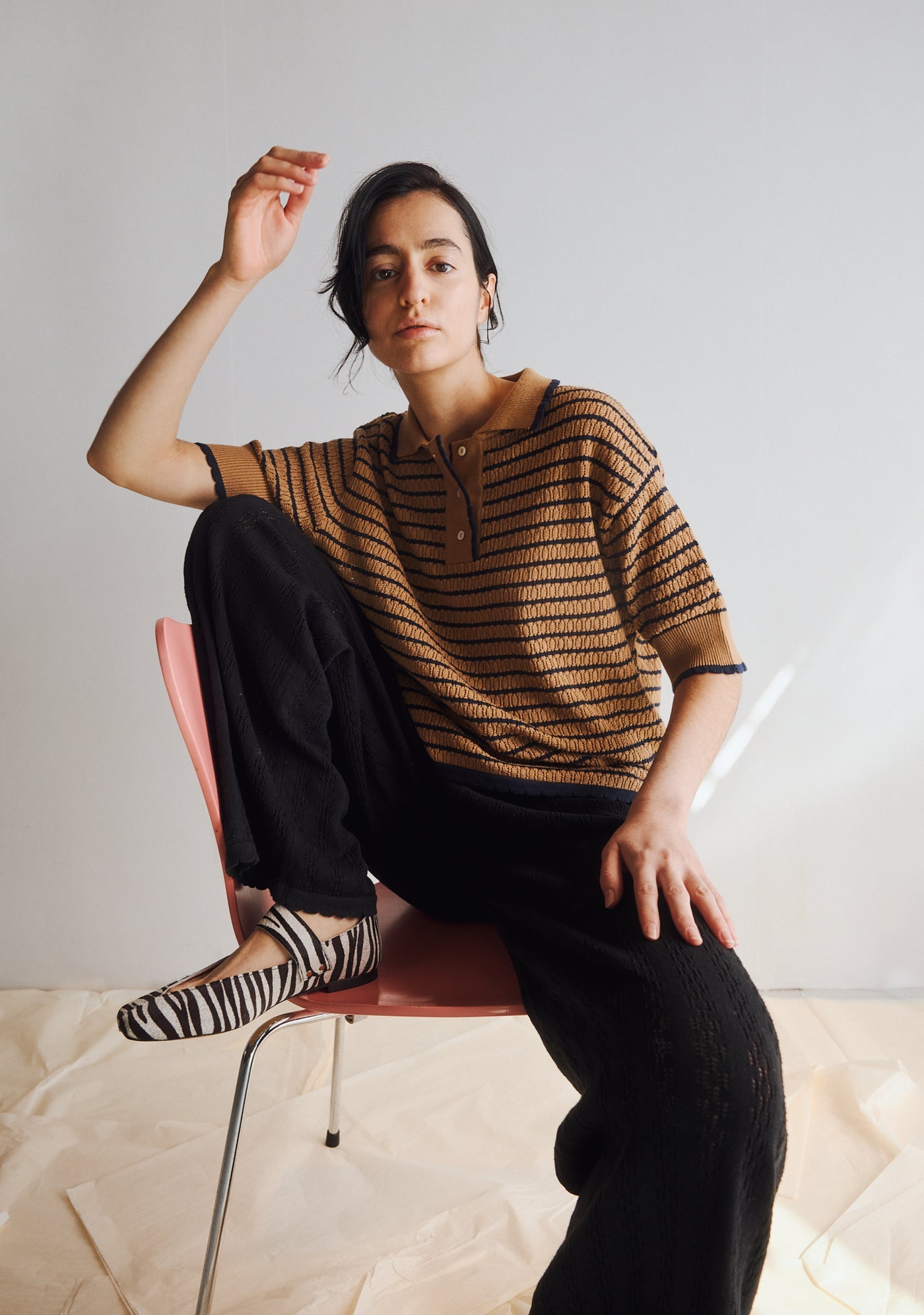 Proem Parades Lullu Knit Stripe Polo | Camel & Navy