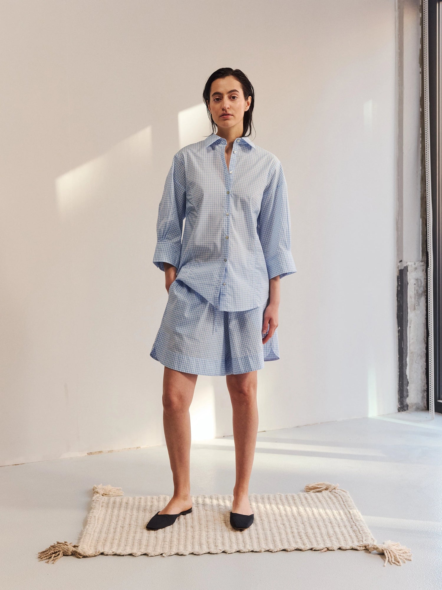 Proem Parades Claire Check SS Shirt | White & Baby Blue Check