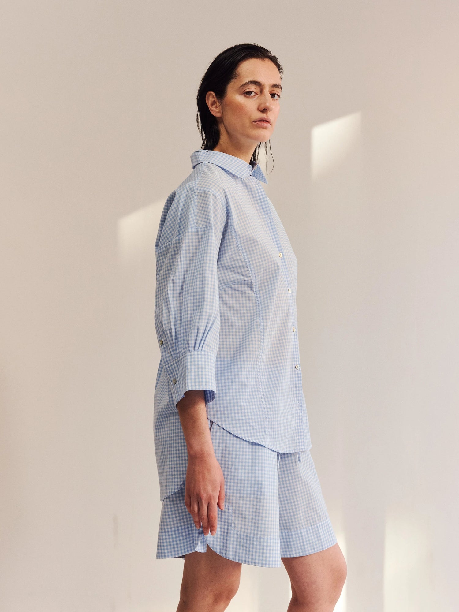 Proem Parades Claire Check SS Shirt | White & Baby Blue Check