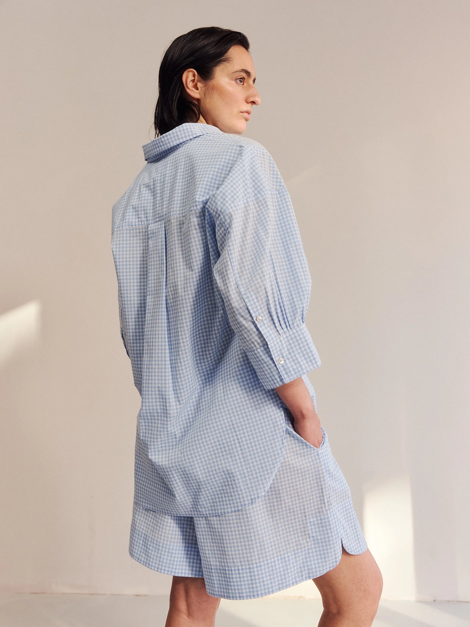 Proem Parades Claire Check Shorts | White & Baby Blue Check