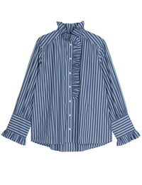 APOF Annemonne Blouse | Blue Stripe | Skjorte med sidelommer & flæser
