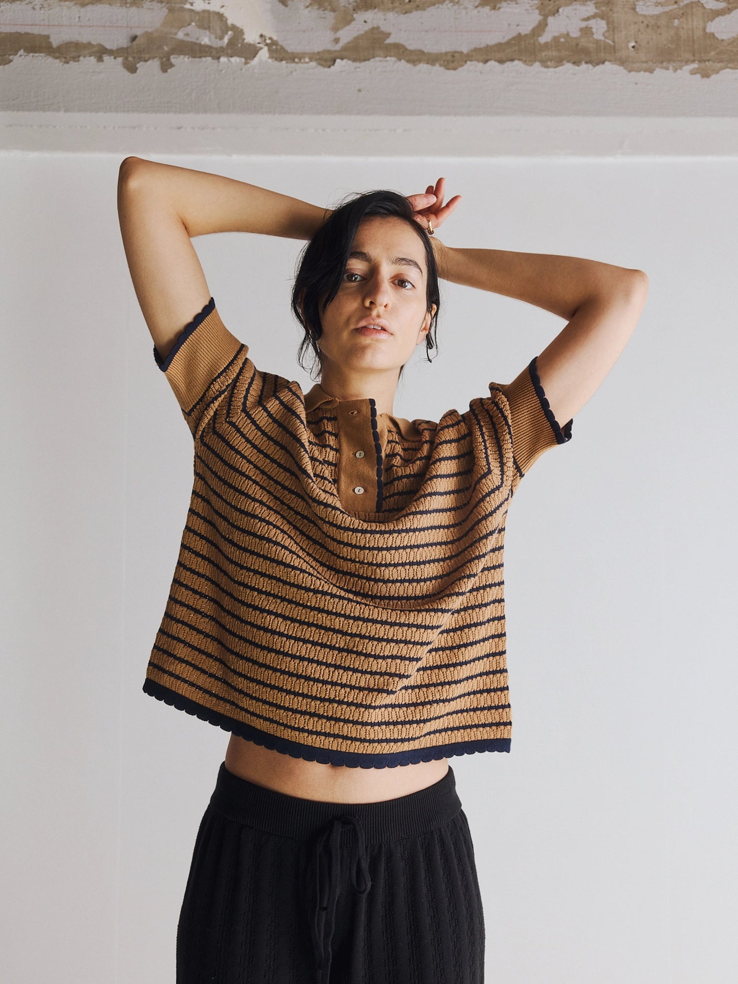 Proem Parades Lullu Knit Stripe Polo | Camel & Navy