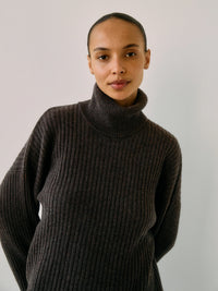 Ellen Cashmere T-Neck Sweater | Dark Brown Melange  | Recycled Cashmere