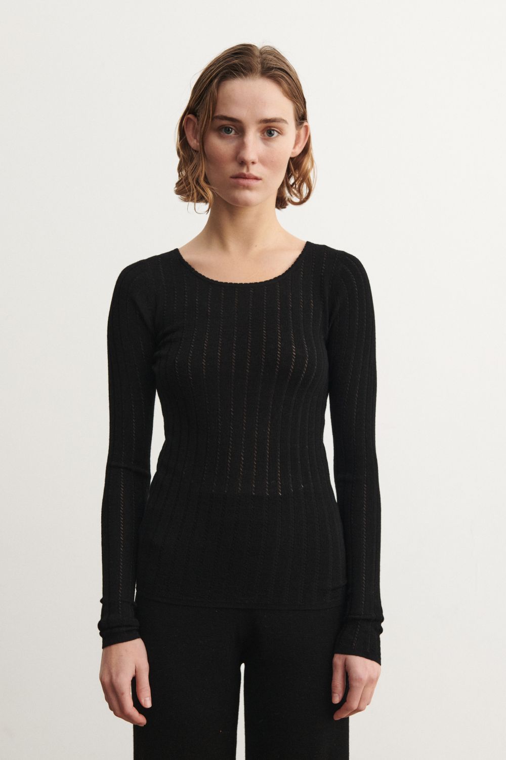 FUB Long Sleeve Pointelle Tee | Black