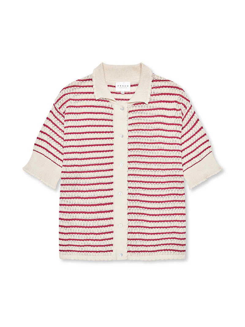 Proem Parades Lullu SS Polo Cardigan | Ecru & Holly Berry