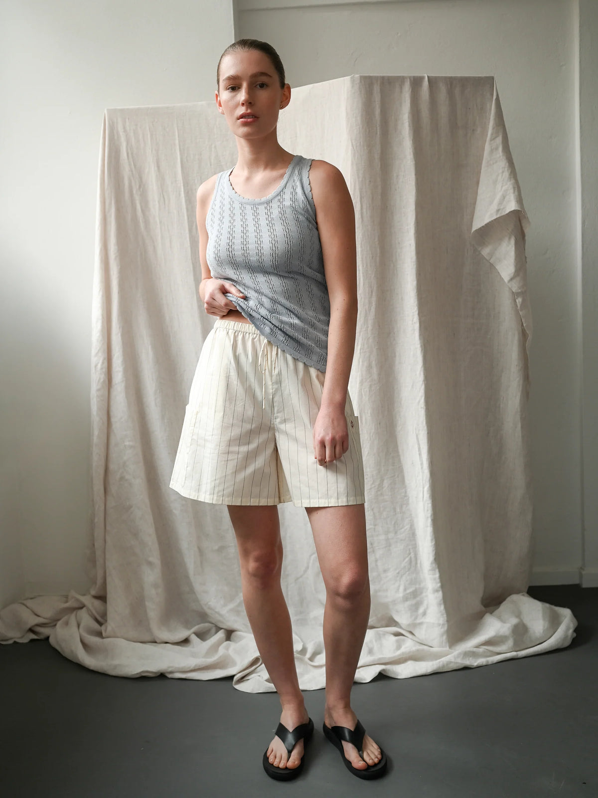Proem Parades Dagny Pinstripe Shorts | Off White & Black