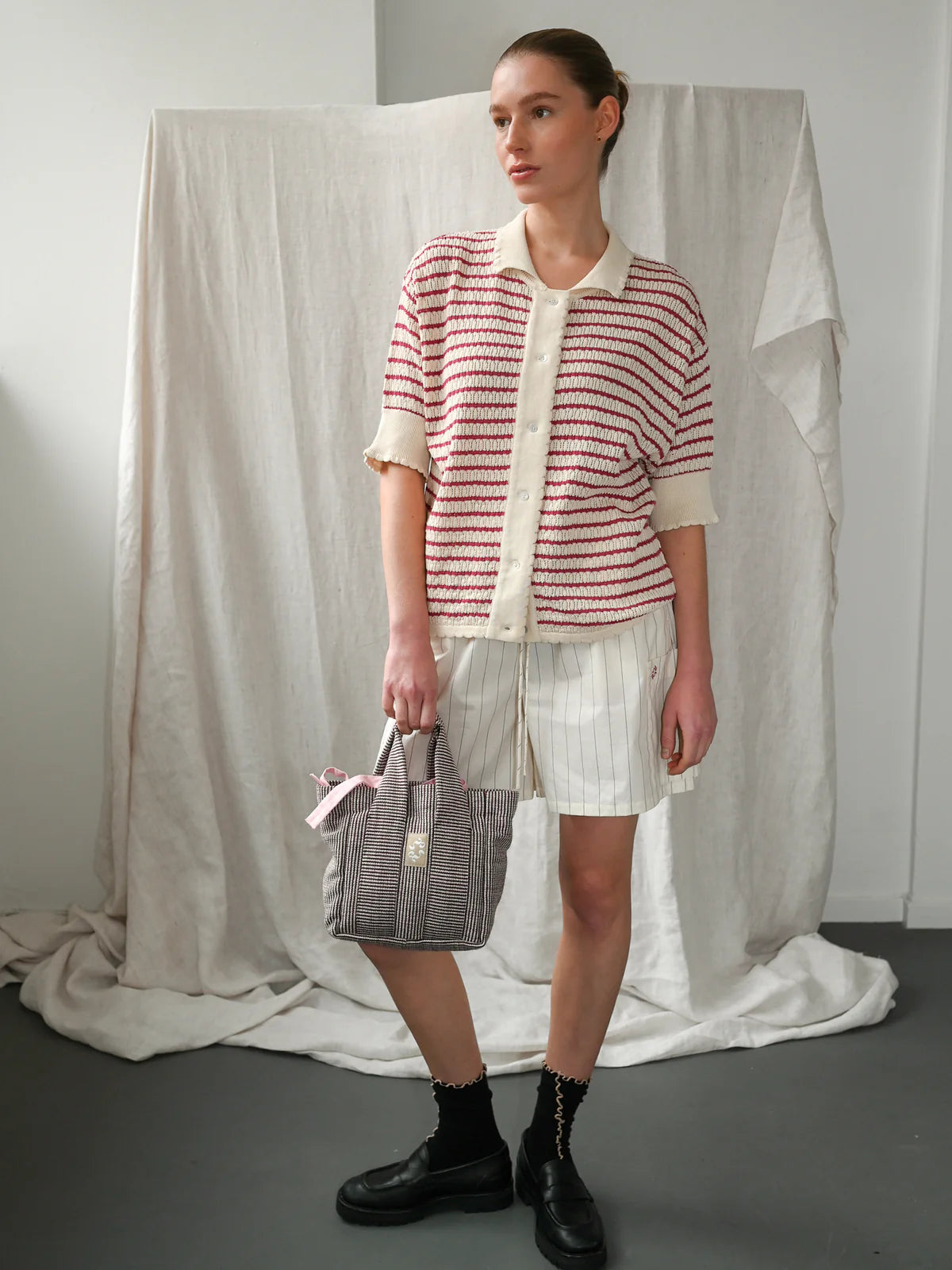 Proem Parades Lullu SS Polo Cardigan | Ecru & Holly Berry