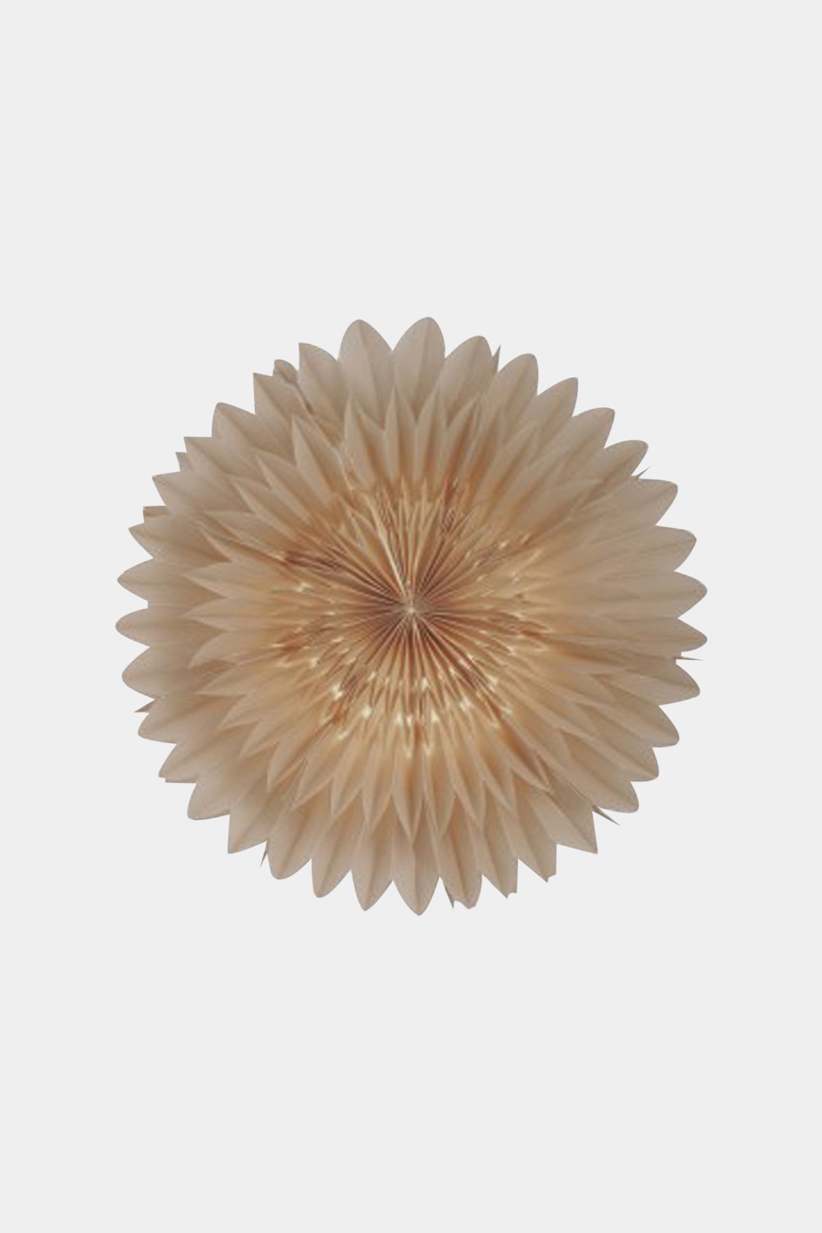 En beige papirdekoration udfolder sig i en cirkelform. Dens overflade består af mange foldede papirblade, der stråler ud fra midten på en lys baggrund.